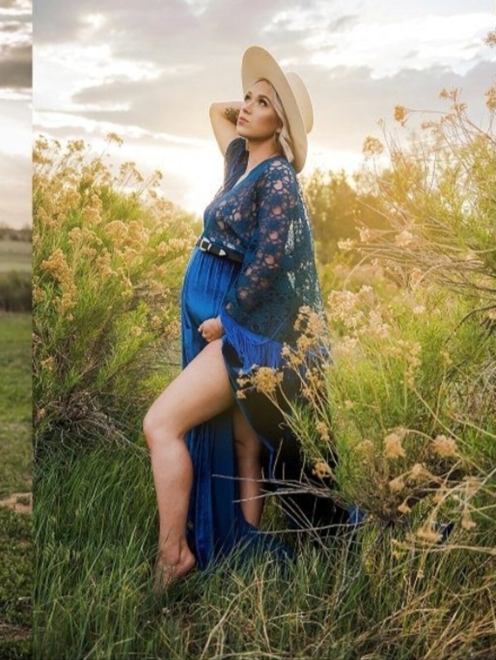 Blue Lace Maternity Gown with Belt